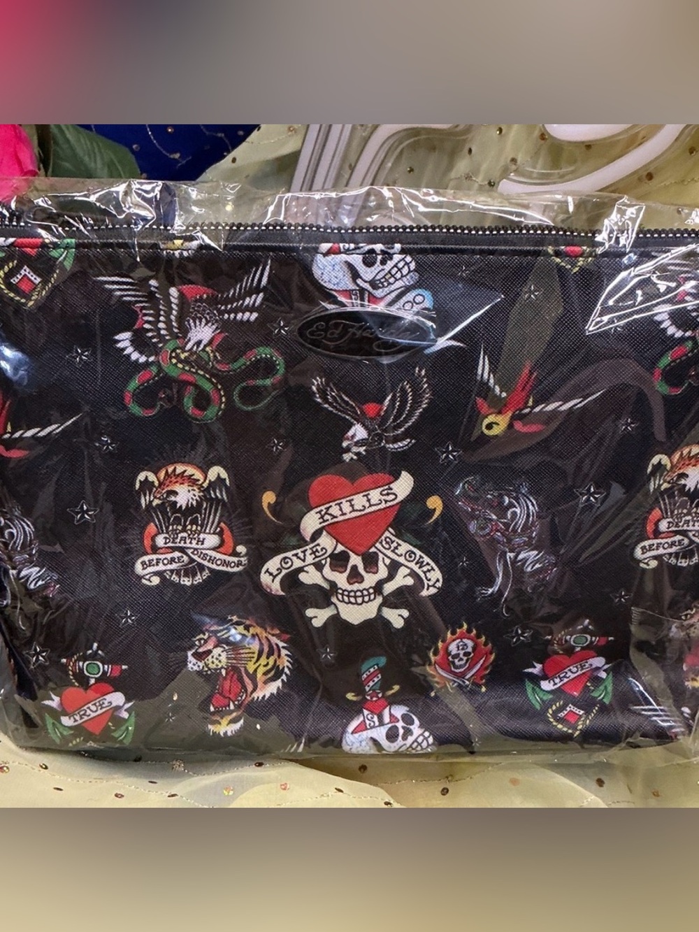 Ed Hardy Black Floral Skull Crossbody Bag with Keychain set NWT